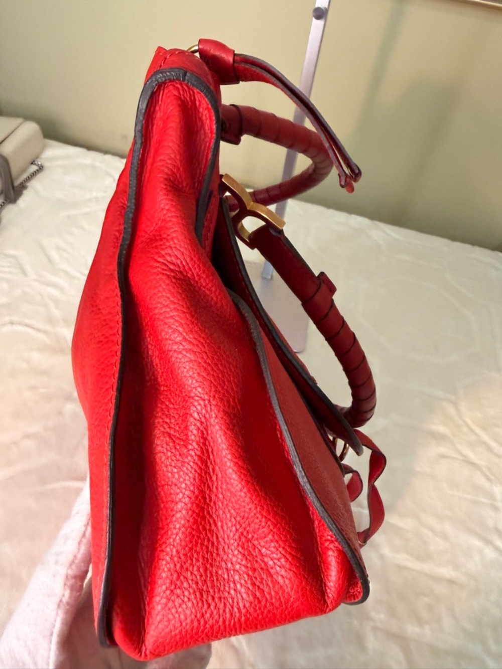 Chloe Red Pebbled Leather Medium Marcie Satchel with Gold Hardware - Picture 8 of 16
